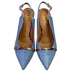 Malone Souliers Marion Denim Blue/Tobacco Slingback Heels Handmade In Italy 38.5
